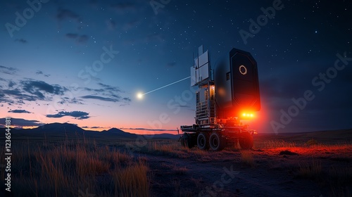 A rugged satellite uplink device glowing softly under a starlit sky