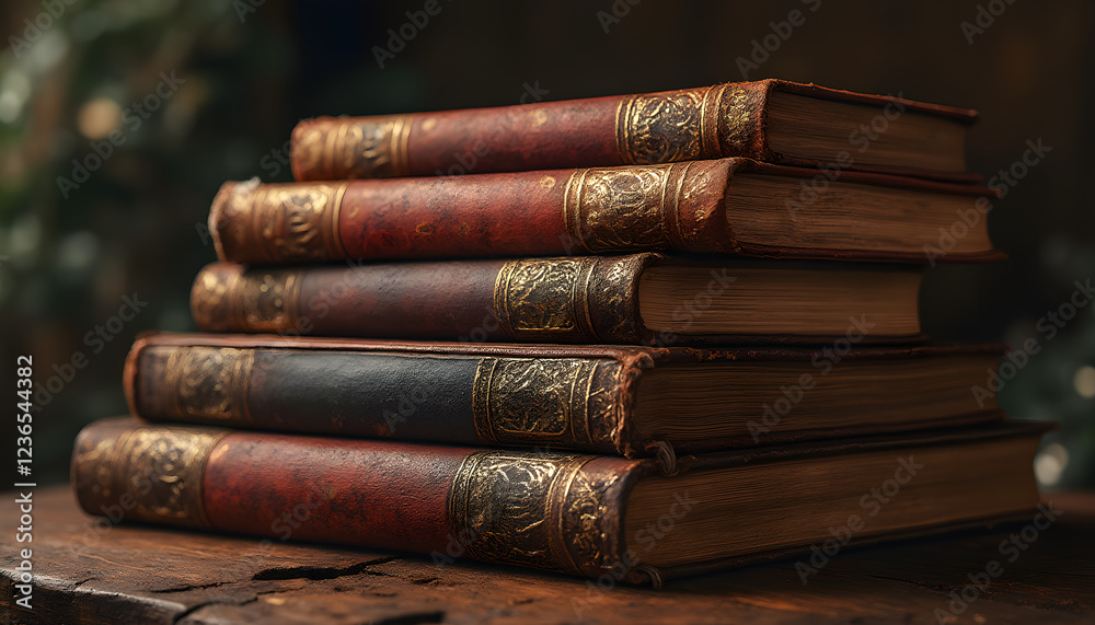 Naklejka premium Stack of Vintage Leather-Bound Books with Gold Embossing on Old Wooden Surface in Warm Light