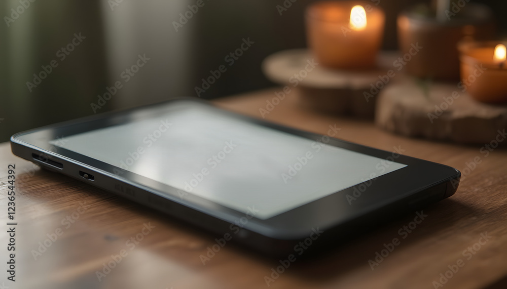 Modern E-Reader Device on Wooden Table with E-Ink Display in Cozy Reading Environment Modern E-Reader Device on Wooden Table with E-Ink Display in Cozy Reading Environment