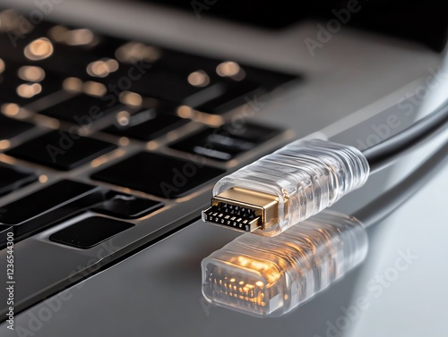 A sleek Ethernet cable coiled neatly on a modern glass desk