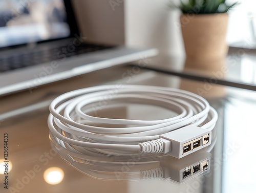 A sleek Ethernet cable coiled neatly on a modern glass desk