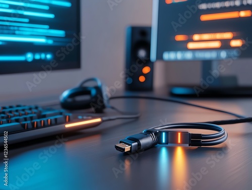 A sleek HDMI cable with glowing tips in a cyberpunk setup