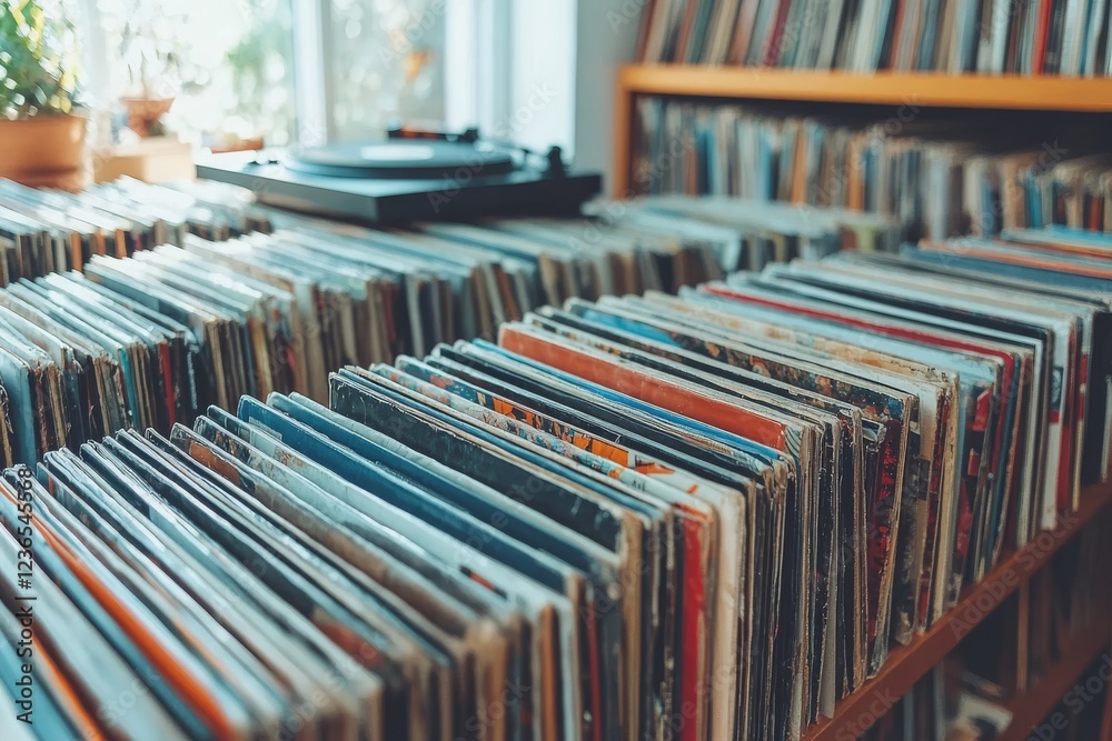 custom made wallpaper toronto digitalA retro-inspired record store with shelves filled with vinyl albums. Generative AI
