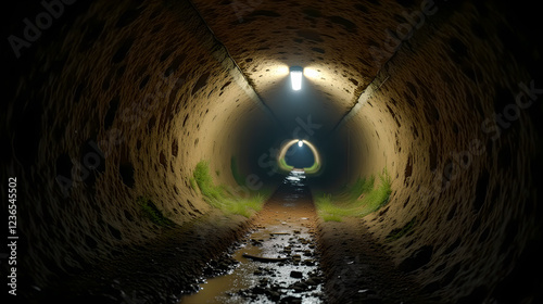 A hidden underground World War II tunnel being illuminated for the first time, revealing long-lost artifacts and forgotten history.   photo