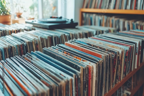 Wallpaper Mural A retro-inspired record store with shelves filled with vinyl albums. Generative AI Torontodigital.ca
