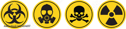 Danger yellow stickers set. Radiation warning sign, biohazard warning sign, gas mask warning sign, toxic warning sign. Vector illustration