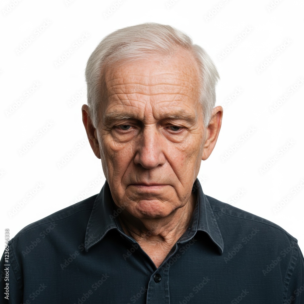 Pensive elderly man in dark shirt against white background Pensive elderly man in dark shirt against white background