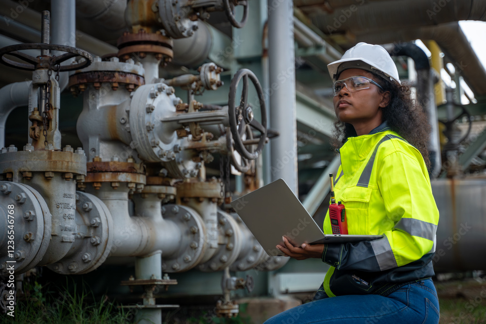 Engineers or industrial worker at large metal pipelines and valve systems oil refinery, chemical plant, or gas processing facility analyzing data is industrial safety, and operational efficiency. Engineers or industrial worker at large metal pipelines and valve systems oil refinery, chemical plant, or gas processing facility analyzing data is industrial safety, and operational efficiency.