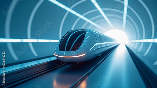 A hyperloop transportation pod floating inside a vacuum tunnel, showcasing the future of ultra-fast, zero-emission travel  