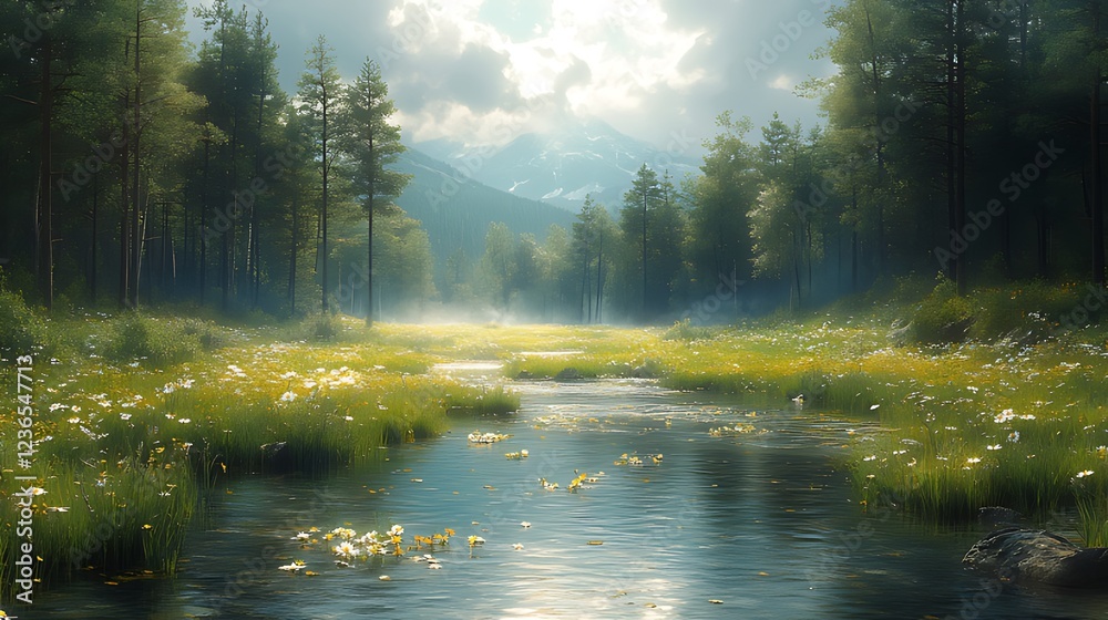 Obraz premium Serene mountain stream flows through a sunlit meadow, wildflowers and fog, tranquil nature scene.