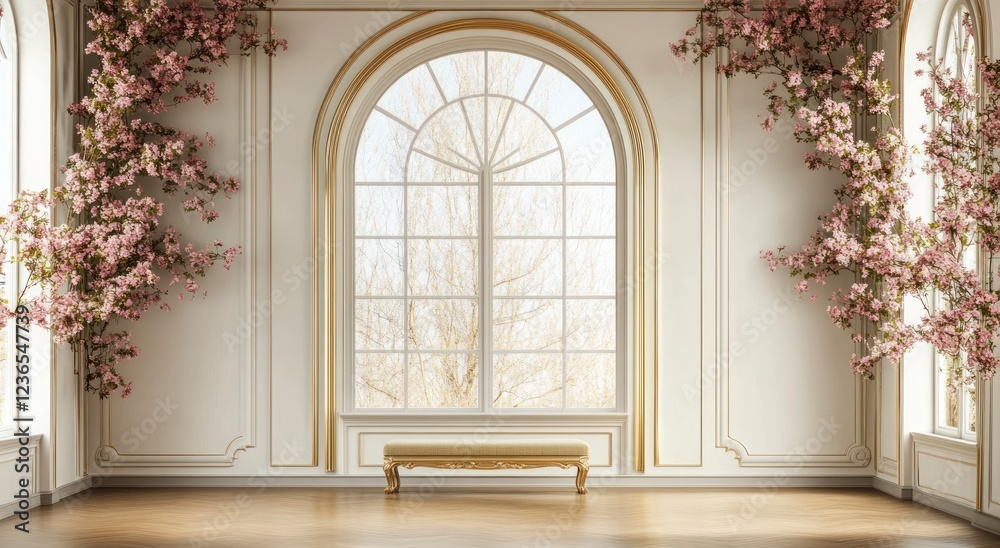 3D backdrop for photo shoot, floor-to-ceiling wall with an arched window in the background, large white arch on one side of an empty room 3D backdrop for photo shoot, floor-to-ceiling wall with an arched window in the background, large white arch on one side of an empty room