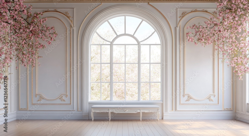 3D backdrop for photo shoot, floor-to-ceiling wall with an arched window in the background, large white arch on one side of an empty room
