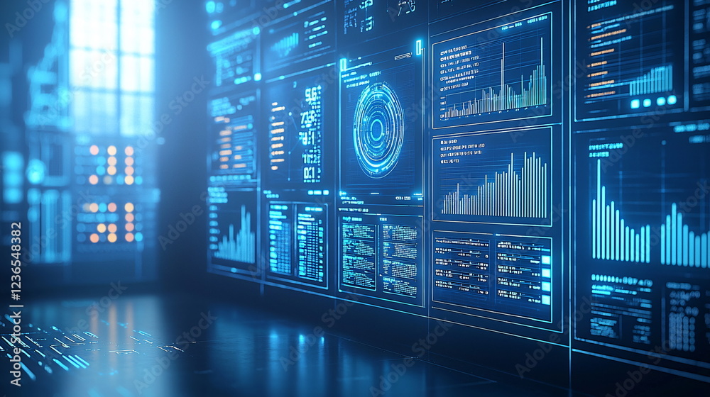 Obraz premium Digital interface with blue glowing charts and data visualizations on a dark background, displaying various metrics and analytics for technology and business insights.