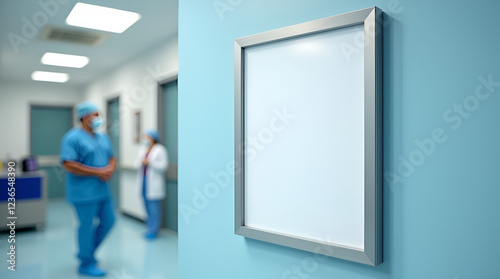 Blank empty white picture frame white poster mockup in a hospital corridor blue wall, with blurred room background