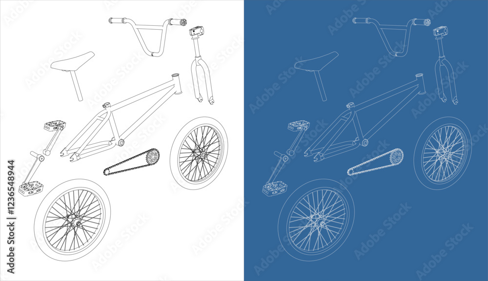 Fototapeta premium Exploded Technical Drawing of a BMX Bicycle in Black and White with Blueprint Style isolated on transparent background