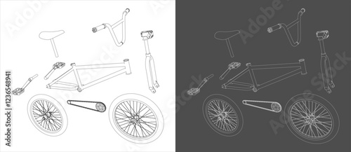 Part of a BMX Bicycle Pictogram Disassembled Technical Drawing in  Blueprint Style isolated on transparent background