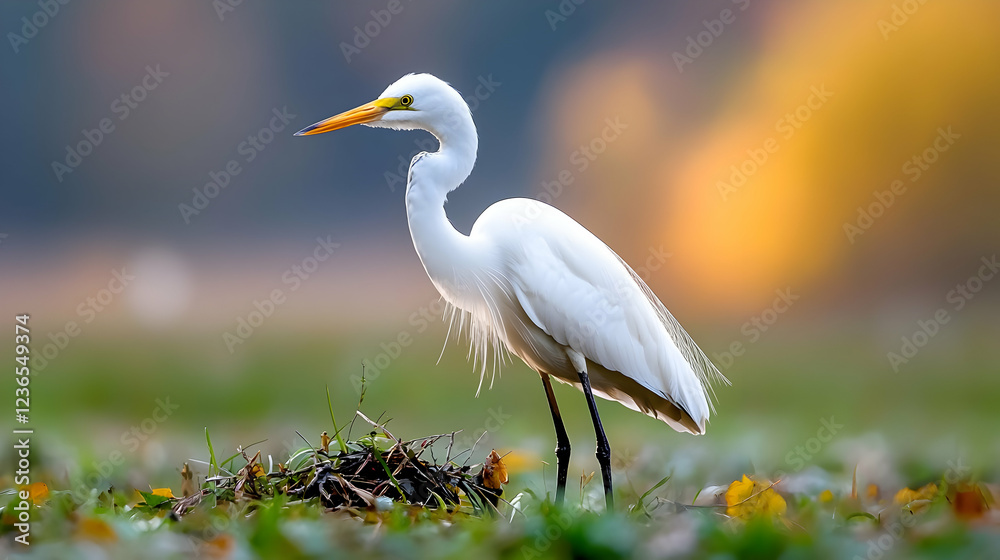 Great egret hunting near wetland at sunset Great egret hunting near wetland at sunset