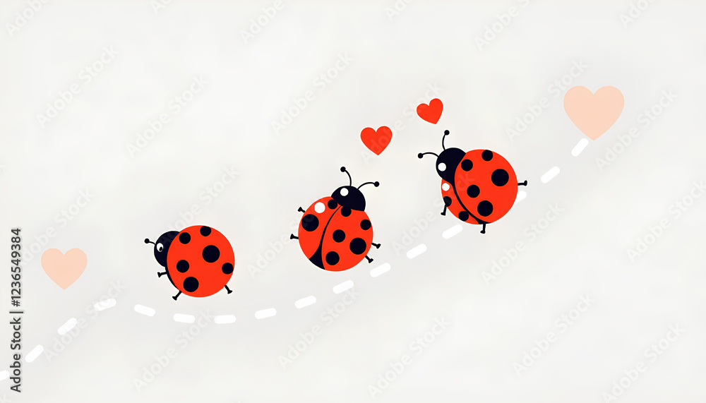 Fototapeta premium Cartoon ladybug icon set. Ladybugs flying on dotted route. Love route