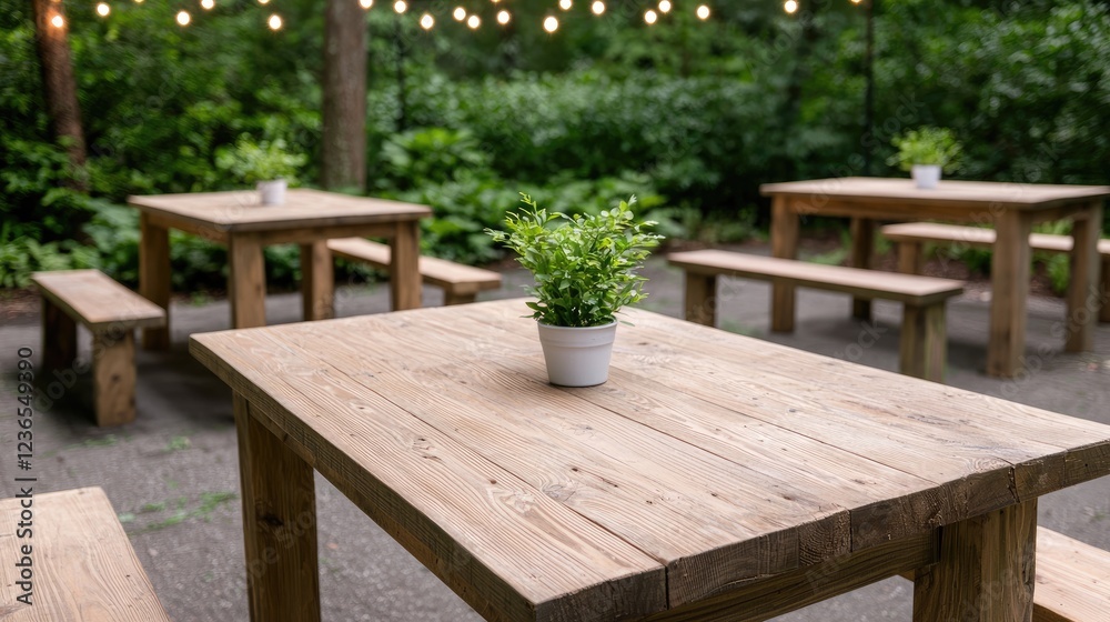 Outdoor garden patio wooden tables, string lights, plants Outdoor garden patio wooden tables, string lights, plants