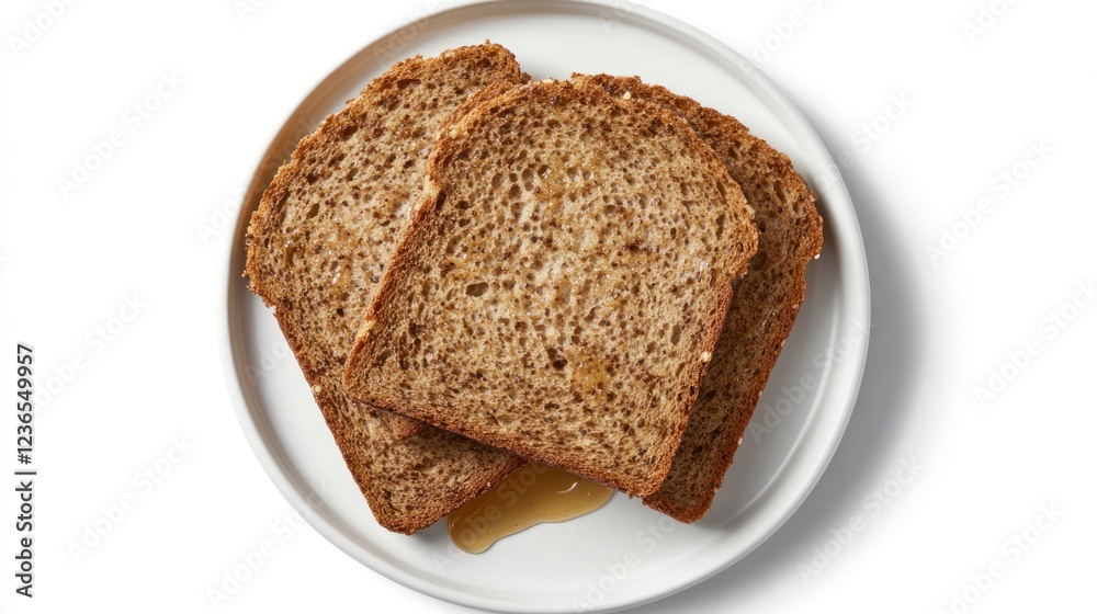 Three slices of toasted whole wheat bread on a plate with honey Three slices of toasted whole wheat bread on a plate with honey