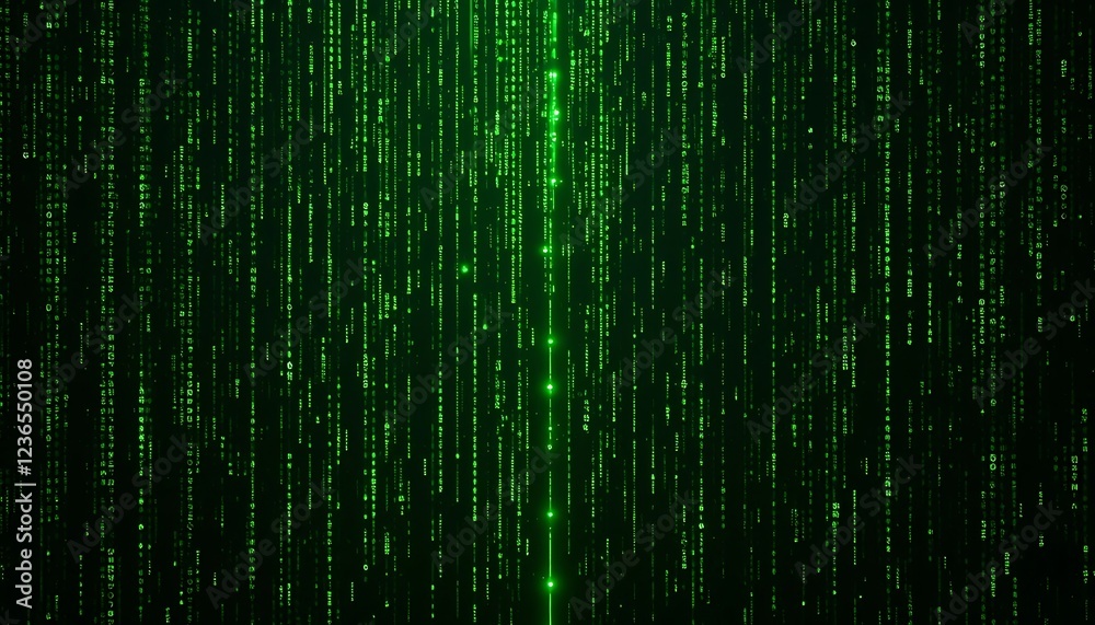 Digital Rain: Glowing Green Code Streams in Dark Abstract Art Digital Rain: Glowing Green Code Streams in Dark Abstract Art