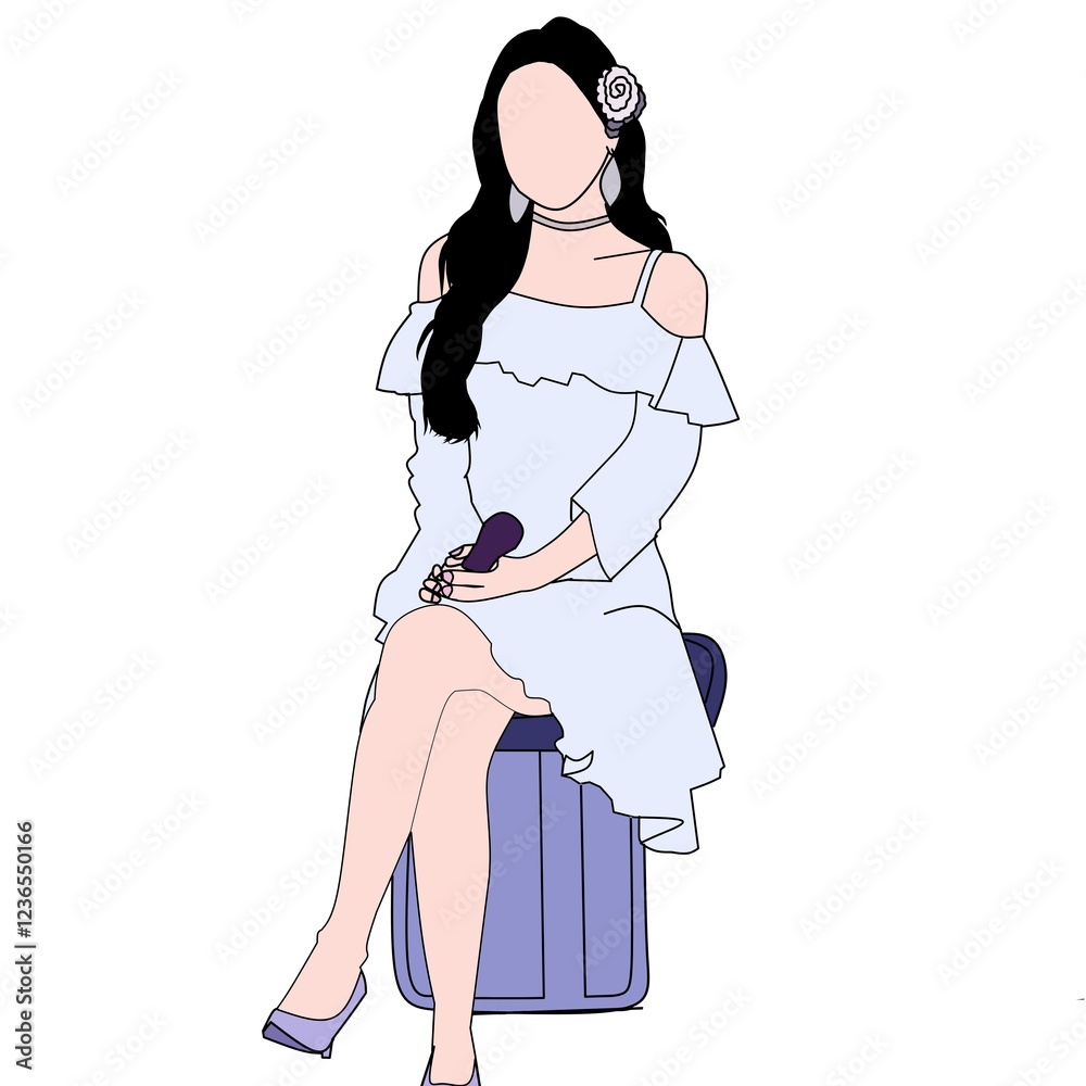 Minimalist illustration of a woman sitting on a suitcase, wearing a stylish outfit and accessories. The artistic representation captures elegance and simplicity with a modern and chic vibe. Minimalist illustration of a woman sitting on a suitcase, wearing a stylish outfit and accessories. The artistic representation captures elegance and simplicity with a modern and chic vibe.