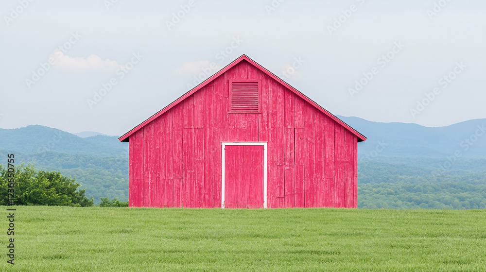 Pink barn on grassy hill, mountain backdrop; rural scene Pink barn on grassy hill, mountain backdrop; rural scene