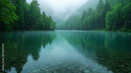 Serene mountain lake with crystal clear water reflecting lush green forest in a misty atmosphere.