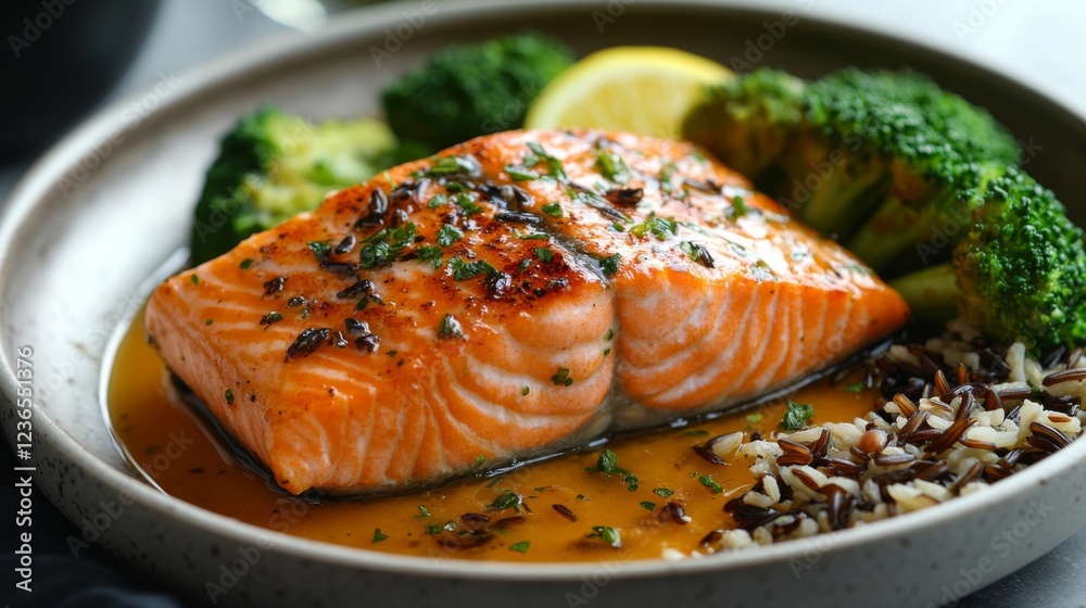 Delicious poached salmon fillet with citrus broth, wild rice, and broccoli healthy and elegant meal Delicious poached salmon fillet with citrus broth, wild rice, and broccoli healthy and elegant meal