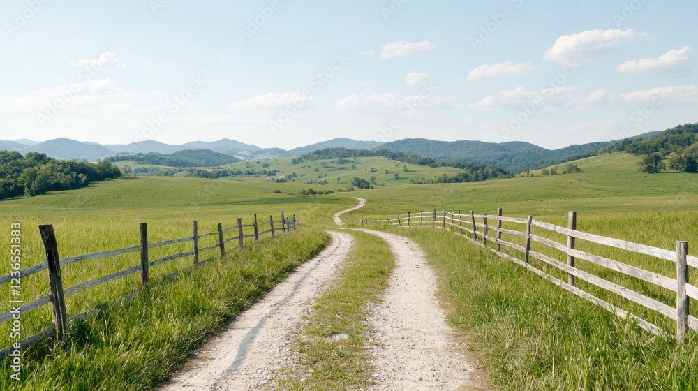 Country road through green field, hills background, summer day, travel postcard Country road through green field, hills background, summer day, travel postcard