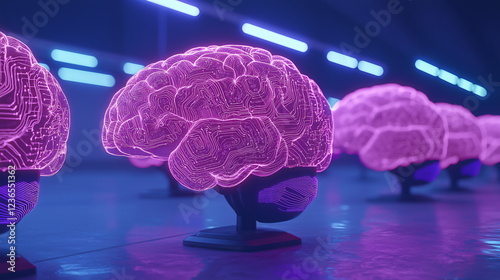 Illuminated digital brains with neon circuitry patterns arranged in a futuristic environment featuring vibrant purple and blue lighting elements reflecting a high-tech atmosphere. photo