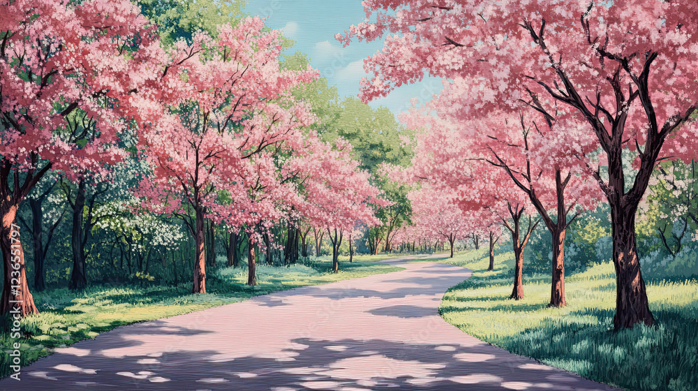 Naklejka premium Road with blooming trees in spring. High quality photo