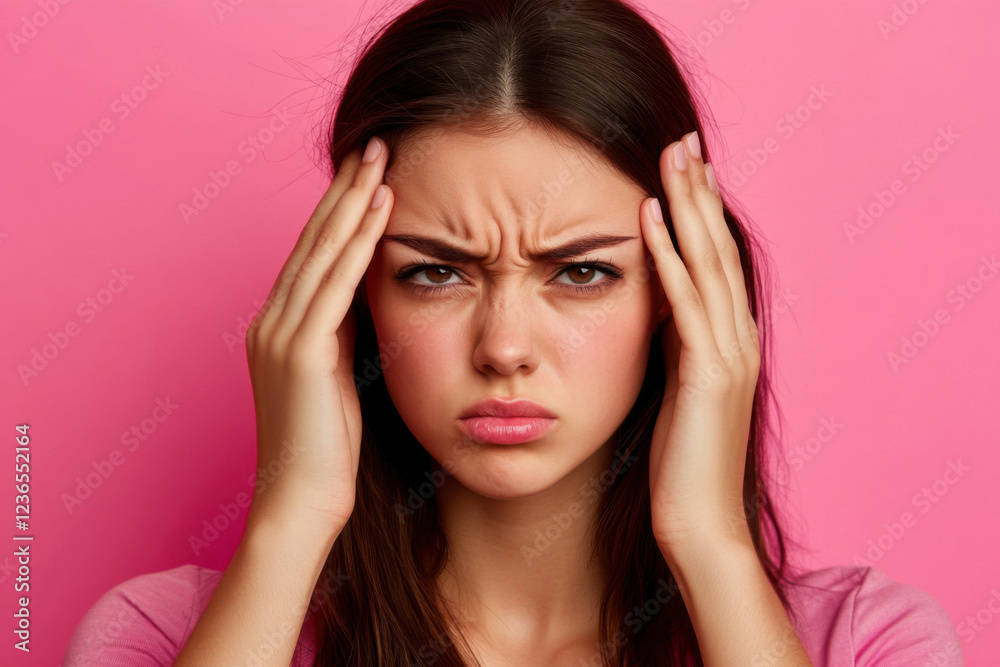 Young woman expresses frustration while holding her head against a pink background during a moment of stress Young woman expresses frustration while holding her head against a pink background during a moment of stress