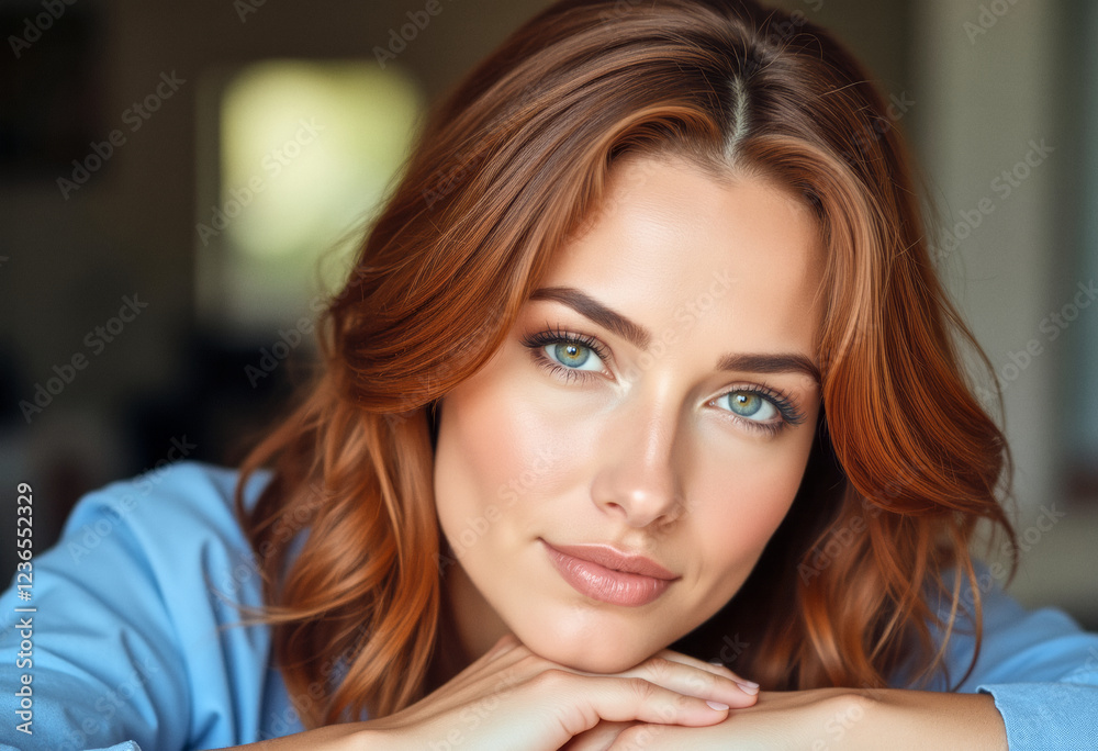 Naklejka premium Lifestyle headshot portrait photo of a person: A woman with red hair and blue eyes posing for a picture.