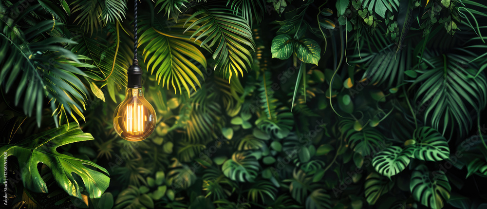 custom made wallpaper toronto digitalLush tropical jungle with glowing vintage bulbs, creating a dreamy, warm ambiance. Exotic greenery, soft bokeh,golden light evoke serenity, nature,eco-friendly interior design aesthetics.Generative ai