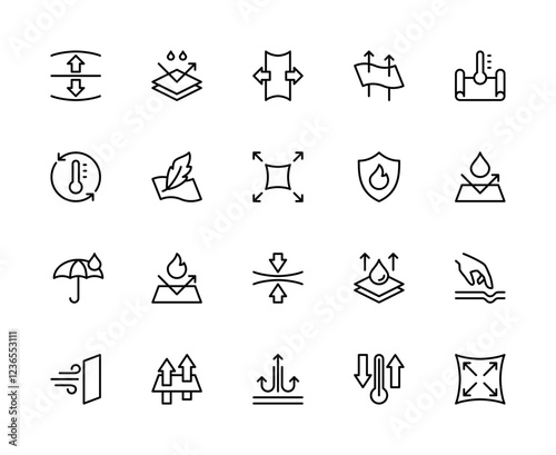 Fabric properties related vector linear icons set. Contains such icons as stretch, density, lightness, fabric and more.