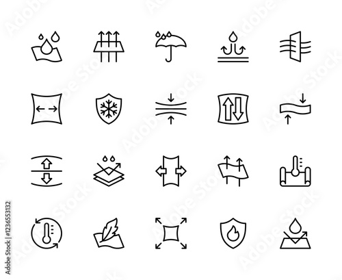 Fabric properties related vector linear icons set. Contains such icons as waterproof, breathable, frost-resistant, softness and more.