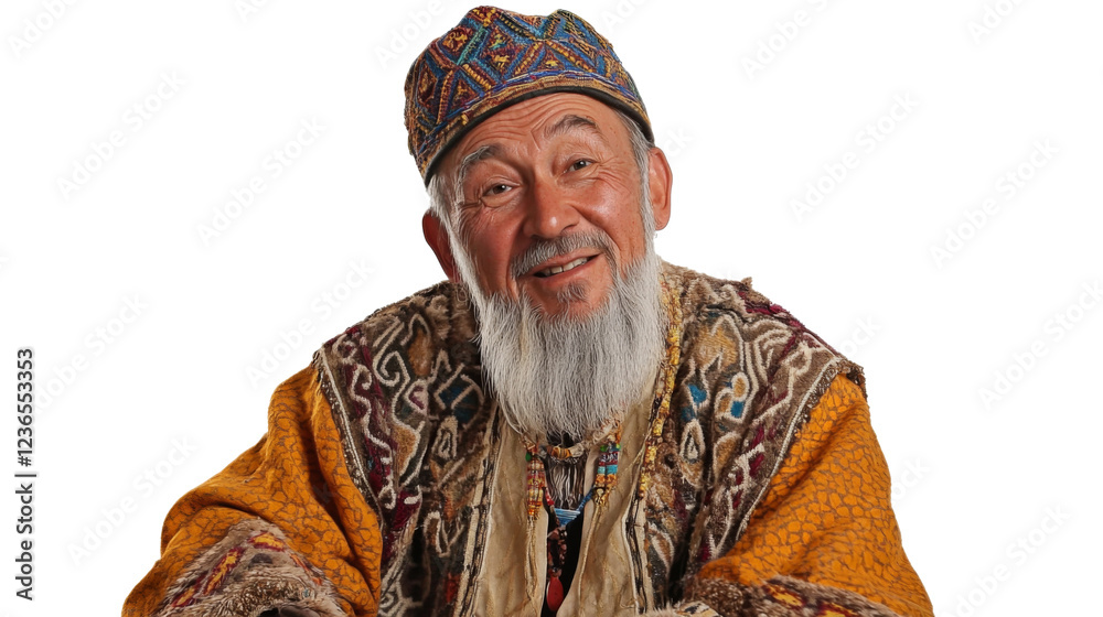 Smiling senior man wearing traditional kazakh clothing and hat on transparent background Smiling senior man wearing traditional kazakh clothing and hat on transparent background