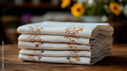 Stack of embroidered cloth napkins on wooden table, flowers blurred background, home decor