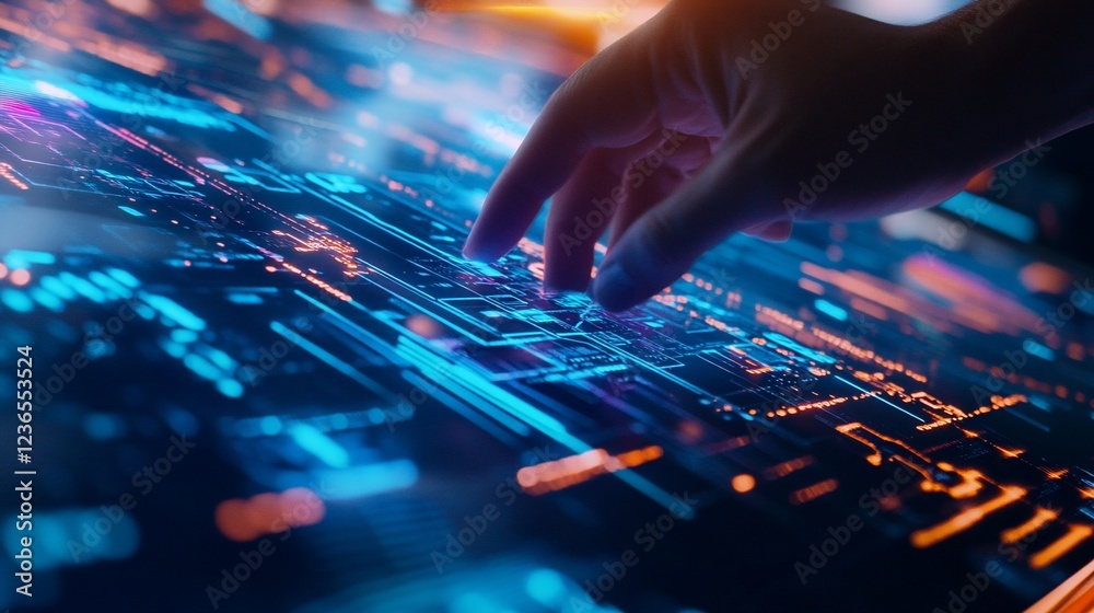 Naklejka premium A hand touches a digital surface with glowing circuits and data visualizations