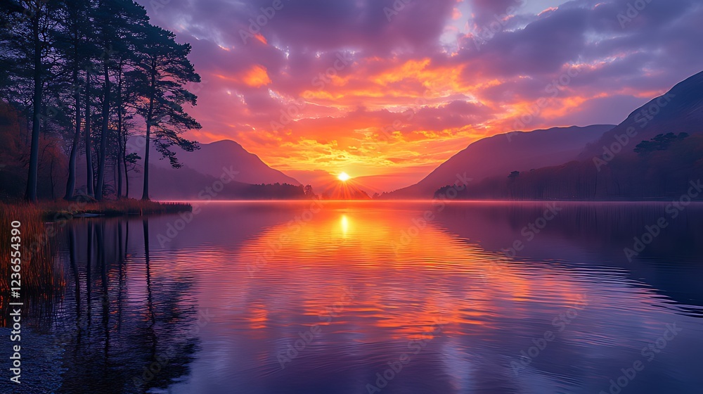 Obraz premium Vibrant sunset over calm lake, reflecting fiery colors in the water, silhouetted trees on shore, mountains in the background.