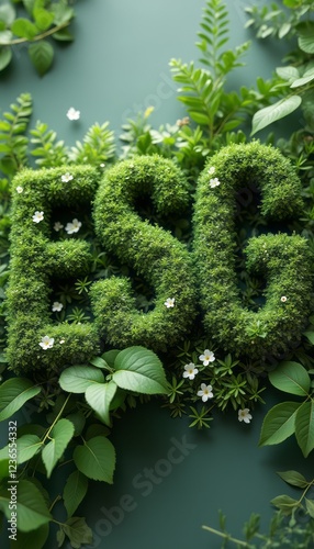The image features the letters ESG crafted from vibrant green moss, surrounded by a rich tapestry of leaves and small white flowers. This captivating scene symbolizes the importance of environmental
