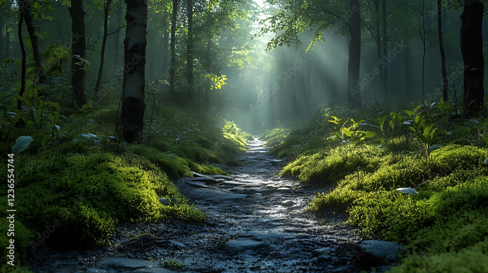Naklejka premium Sunbeams illuminate a mossy forest path.