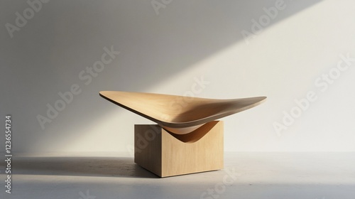 Elegant wooden chair design featuring a curved seat on a rectangular base with a light background photo