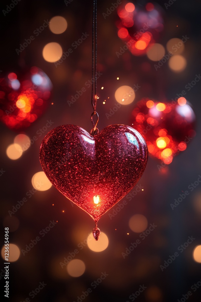 Glowing Heart Ornament Hangs Among Bokeh Lights. Glowing Heart Ornament Hangs Among Bokeh Lights.