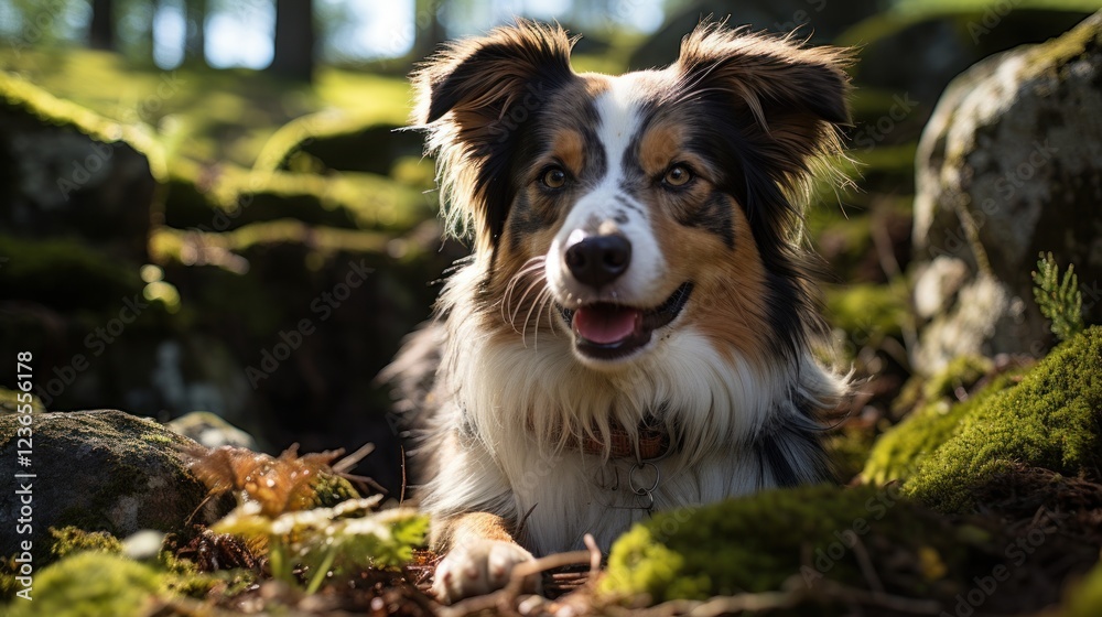 Australian Shepherd in the Forest: A Serene Moment Australian Shepherd in the Forest: A Serene Moment