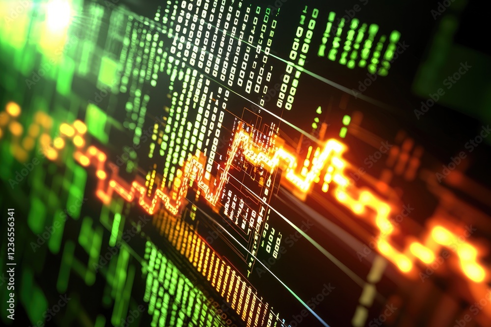 Naklejka premium Abstract Digital Data Visualization with Vibrant Colors Showing Number Patterns and Graphs in a Futuristic Style for Technology and Finance Themes