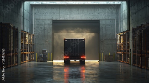 Warehouse interior, truck entering,  industrial, shipping, logistics. Possible use Stock photo, commercial use