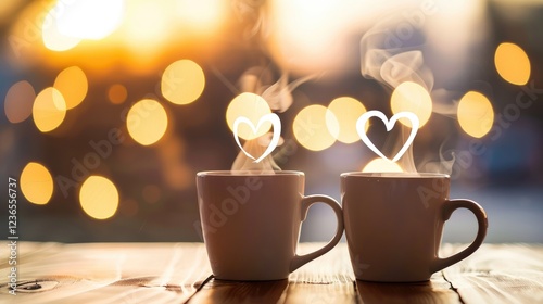 Two Coffee Mugs With Hearts And Bokeh Background photo