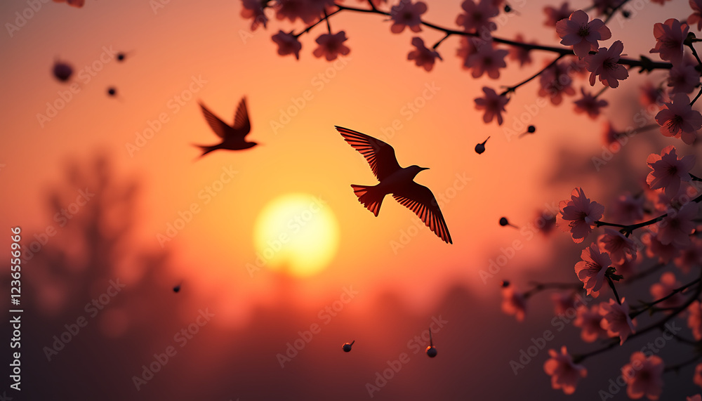 Fototapeta premium Silhouetted birds flying at sunset surrounded by cherry blossoms